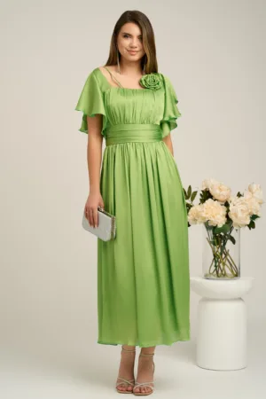 Rochie Moze lunga eleganta din voal verde cu floare la bust