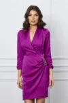 Rochie Moze magenta din satin cu aplicatie in talie