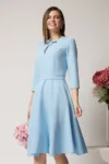 Rochie Moze office bleu din stofa cu funda si decupaj la guler