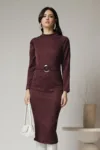 Rochie Moze office din jerse burgundy cu catarama in talie