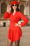 Rochie Moze scurta eleganta din triplu voal rosie cu volan pe fusta