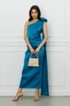 Rochie Moze turcoaz cu floare maxi pe un umar
