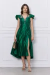 Rochie Moze verde cu paiete la bust si crepeu maxi