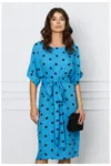 Rochie Nadia albastra cu buline si cordon in talie