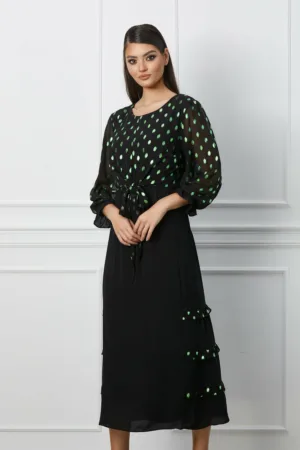 Rochie Nicoleta neagra cu buline verzi metalizate