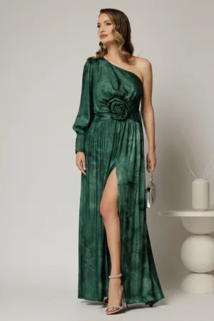 Rochie Noa lunga de ocazie verde din satin cu floare maxi pe talie