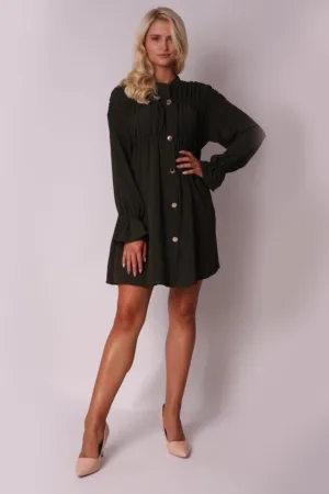 Rochie Olive cu maneca lunga - cu pliuri si nasturi aurii DA1694