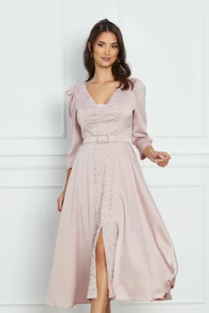 Rochie Raluca roz cu strasuri si bilute si curea in talie