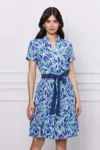 Rochie Rebeca albastra cu imprimeu si cordon in talie