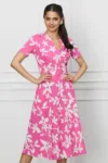 Rochie Romina fucsia cu imprimeuri florale albe