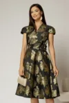 Rochie Sabrina neagra cu insertii florale aurii si decolteu in V