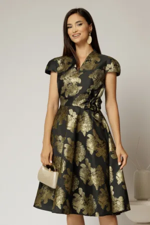 Rochie Sabrina neagra cu insertii florale aurii si decolteu in V