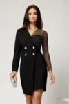 Rochie Sasha scurta neagra din stofa cu croi conic si bust din paiete