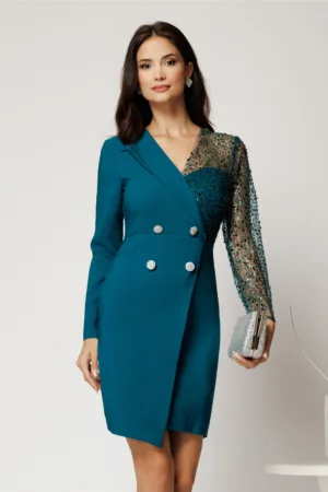 Rochie Sasha scurta verde din stofa cu croi conic si bust din paiete