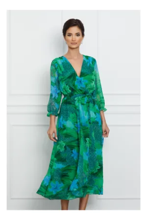 Rochie Serena verde cu animal print si flori albastre