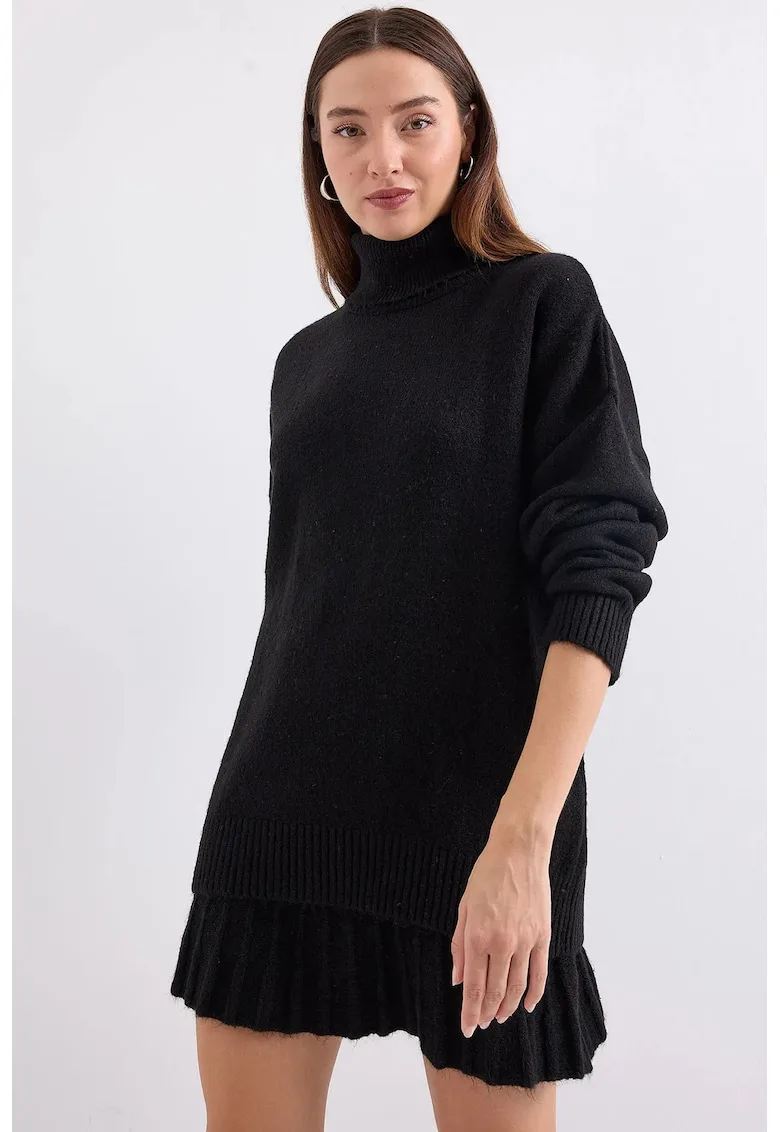 Rochie Set Coordonat - Tricot Texturat - Jerseu - Negru -