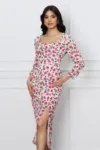 Rochie Sonia alba cu flori fucsia