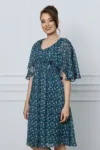 Rochie Sophie bleumarin cu imprimeu floral verde