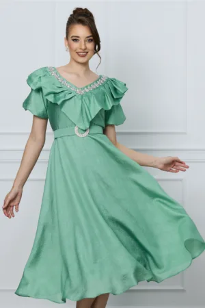 Rochie Suzzie verde cu strasuri si curea in talie