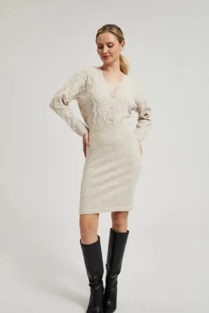 Rochie Tricotata Bej Decorata cu Butoane