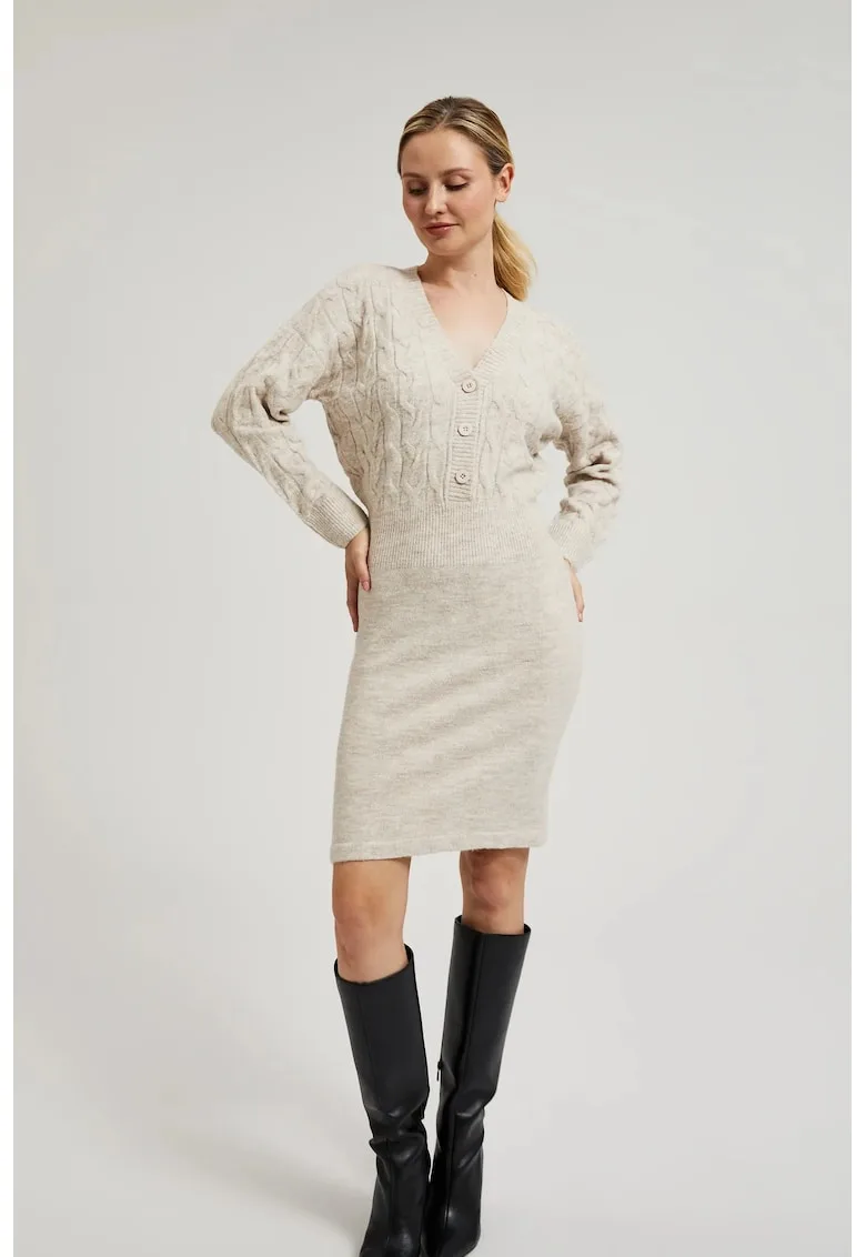 Rochie Tricotata Bej Decorata cu Butoane