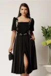 Rochie Valeria midi neagra din satin cu broderie florala si paiete la bust