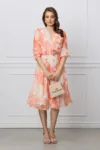 Rochie Vera orange din voal cu imprimeuri ivory si curea in talie