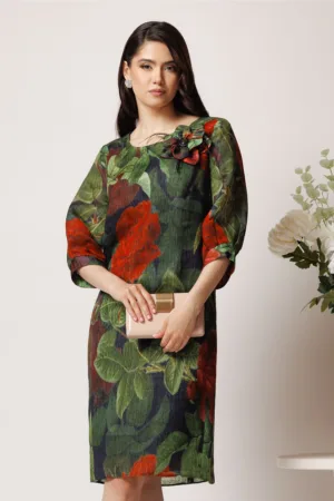 Rochie Viada din organza verde cu imprimeu si floare la bust