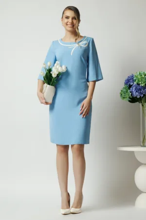 Rochie Viada din stofa bleu cu funda alba pe bust