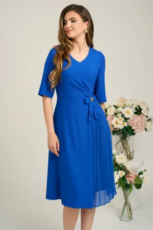 Rochie Viada din triplu voal albastra cu funda in talie