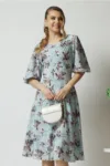 Rochie Viada din viscoza bleu cu imprimeuri florale gri