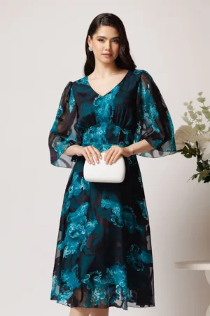 Rochie Viada din voal negru cu dublura turcoaz si imprimeuri