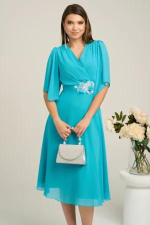 Rochie Viada eleganta din voal turcoaz cu broderie in talie