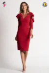 Rochie Xara de ocazie rosie cu fir metalic in tesatura de lungime midi