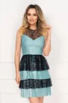 Rochie Xara eleganta mint din jerse plisat cu volane din dantela neagra