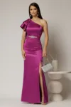 Rochie Zara lunga eleganta din tafta magenta cu un umar gol