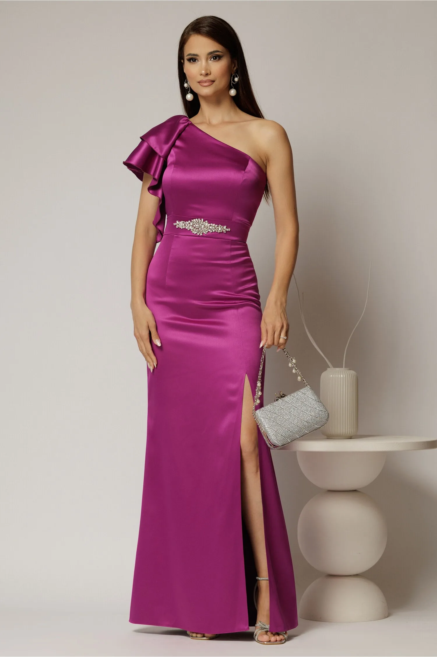 Rochie Zara lunga eleganta din tafta magenta cu un umar gol