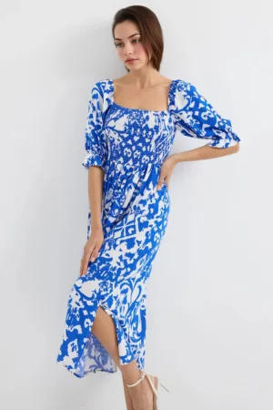 Rochie albastră HiCCUP cu imprimeu floral și guler pătrat