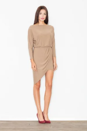 Rochie asimetrica - bej - cu maneci lungi - poliester - eleganta - versatila