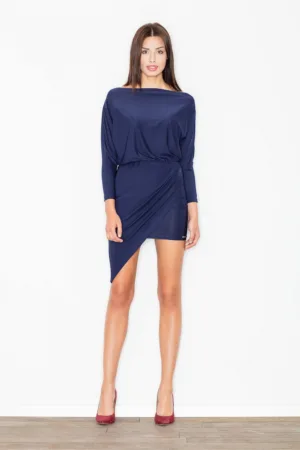 Rochie asimetrica bleumarin - eleganta - cu maneci lungi - din poliester -
