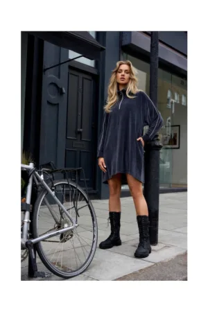 Rochie asimetrica cu fermoar ridicat - grafit - 2XL/3XL