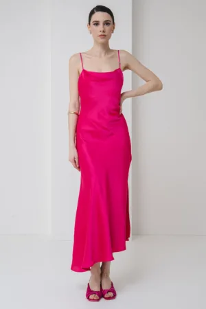 Rochie asimetrica de satin cu bretele subtiri