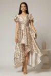Rochie asimetrica din satin cu imprimeuri bej si decolteu petrecut
