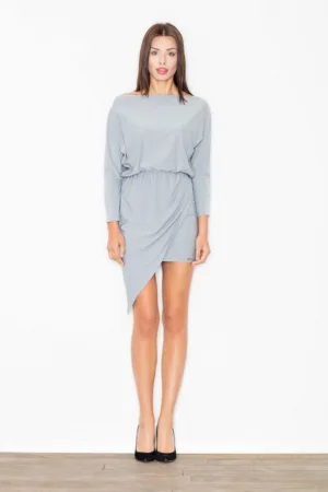 Rochie asimetrica - eleganta - gri - cu maneci lungi - poliester