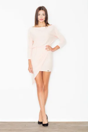 Rochie asimetrica - eleganta - roz - cu maneci lungi - poliester