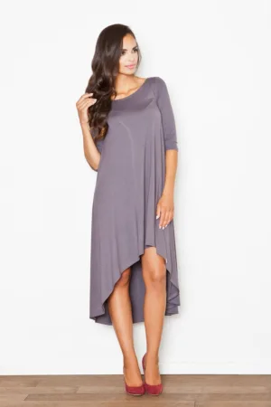 Rochie asimetrica gri - cu maneci lungi - din viscoza