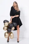 Rochie asimetrica neagra cu volan pe maneca si funda aurie