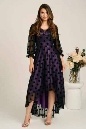 Rochie asimetrica neagra in clos din tull cu dublura mov si buline catifelate