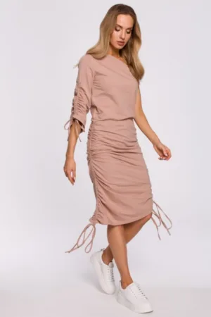 Rochie asimetrica - pe un umar - Roz prafuit -
