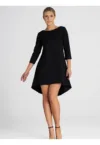 Rochie  asimetrica - plisata - maneci 3/4 - spate prelungit - poliester-viscoza negru